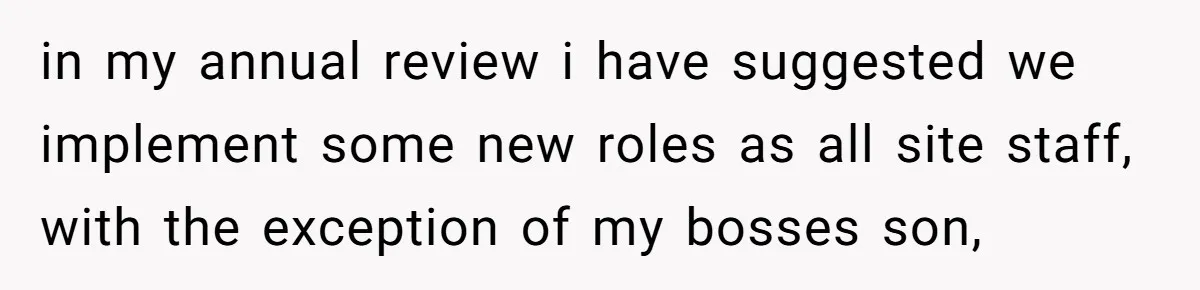 in my annual review i have suggested we implement some new roles as all site staff, with the exception of my bosses son,