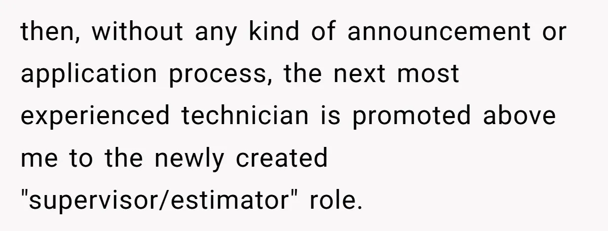 then, without any kind of announcement or application process, the next most experienced technician is promoted above me to the newly created "supervisor/estimator" role.