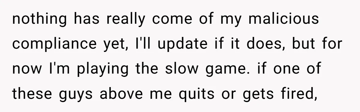 nothing has really come of my malicious compliance yet, I'll update if it does, but for now I'm playing the slow game. if one of these guys above me quits...