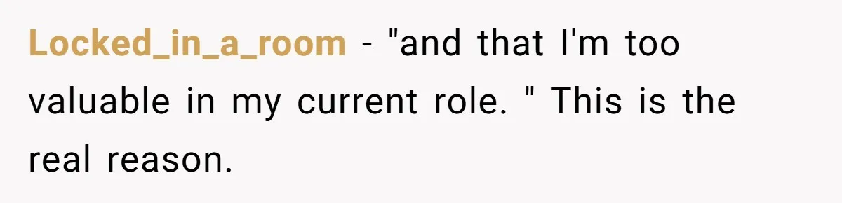 Locked_in_a_room − "and that I'm too valuable in my current role. " This is the real reason.