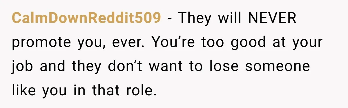 CalmDownReddit509 − They will NEVER promote you, ever. You’re too good at your job and they don’t want to lose someone like you in that role.