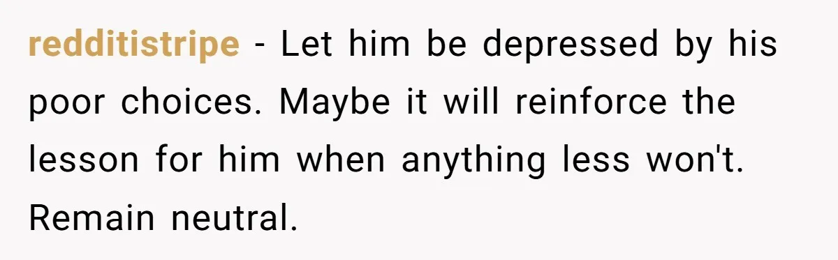 redditistripe − Let him be depressed by his poor choices. Maybe it will reinforce the lesson for him when anything less won't. Remain neutral.