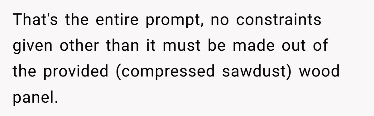 That's the entire prompt, no constraints given other than it must be made out of the provided (compressed sawdust) wood panel.