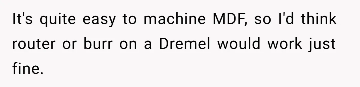 It's quite easy to machine MDF, so I'd think router or burr on a Dremel would work just fine.