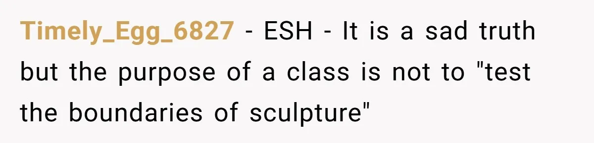 Timely_Egg_6827 − ESH - It is a sad truth but the purpose of a class is not to "test the boundaries of sculpture"