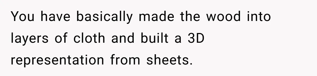 You have basically made the wood into layers of cloth and built a 3D representation from sheets.