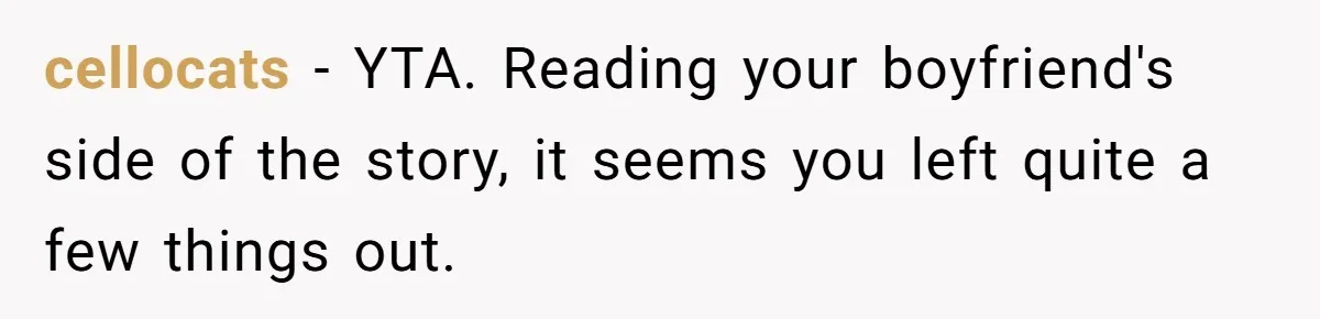 cellocats − YTA. Reading your boyfriend's side of the story, it seems you left quite a few things out.