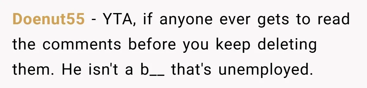 Doenut55 − YTA, if anyone ever gets to read the comments before you keep deleting them. He isn't a b__ that's unemployed.