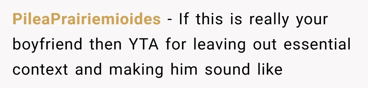 PileaPrairiemioides − If this is really your boyfriend then YTA for leaving out essential context and making him sound like