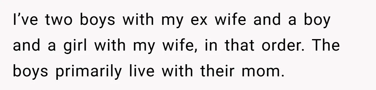 I’ve two boys with my ex wife and a boy and a girl with my wife, in that order. The boys primarily live with their mom.