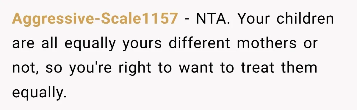 Aggressive-Scale1157 − NTA. Your children are all equally yours different mothers or not, so you're right to want to treat them equally.