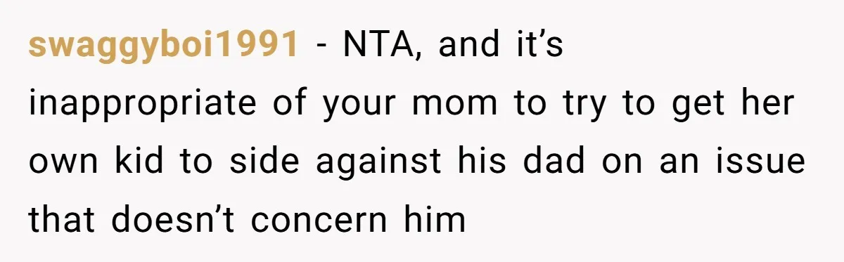 swaggyboi1991 − NTA, and it’s inappropriate of your mom to try to get her own kid to side against his dad on an issue that doesn’t concern him