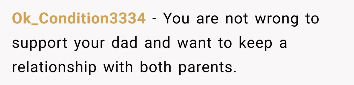 Ok_Condition3334 − You are not wrong to support your dad and want to keep a relationship with both parents.