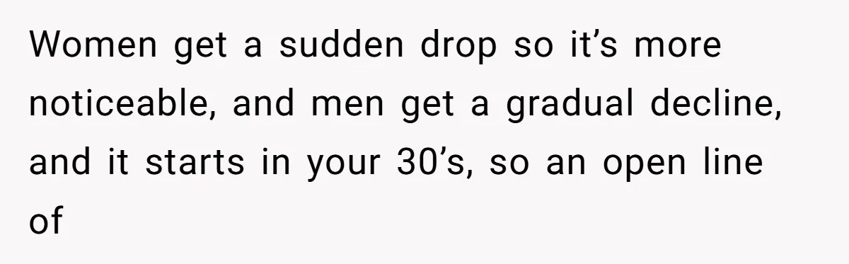 Women get a sudden drop so it’s more noticeable, and men get a gradual decline, and it starts in your 30’s, so an open line of