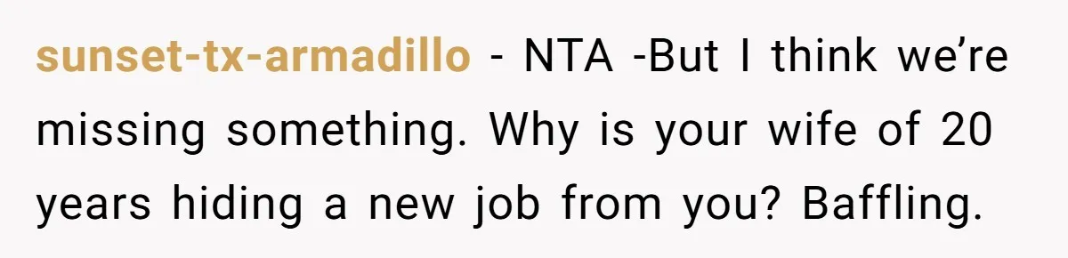 sunset-tx-armadillo − NTA -But I think we’re missing something. Why is your wife of 20 years hiding a new job from you? Baffling.
