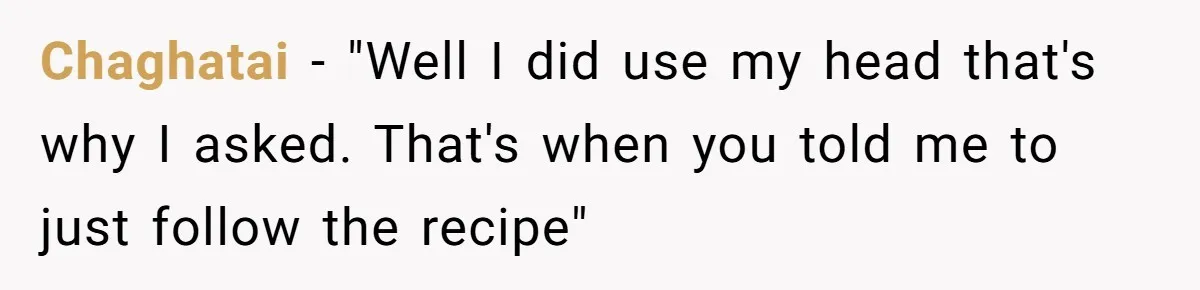 Chaghatai − "Well I did use my head that's why I asked. That's when you told me to just follow the recipe"
