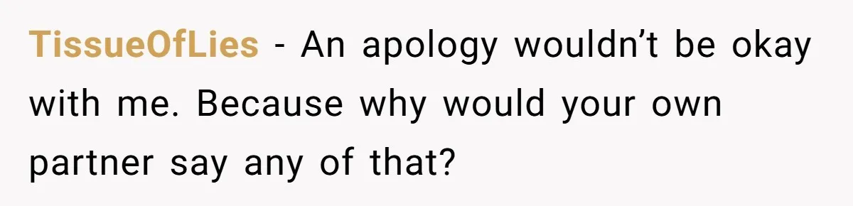 TissueOfLies − An apology wouldn’t be okay with me. Because why would your own partner say any of that?