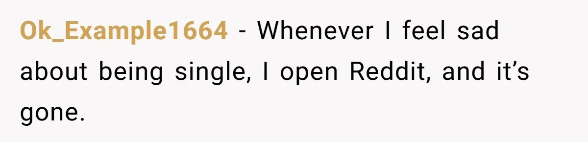 Ok_Example1664 − Whenever I feel sad about being single, I open Reddit, and it’s gone.