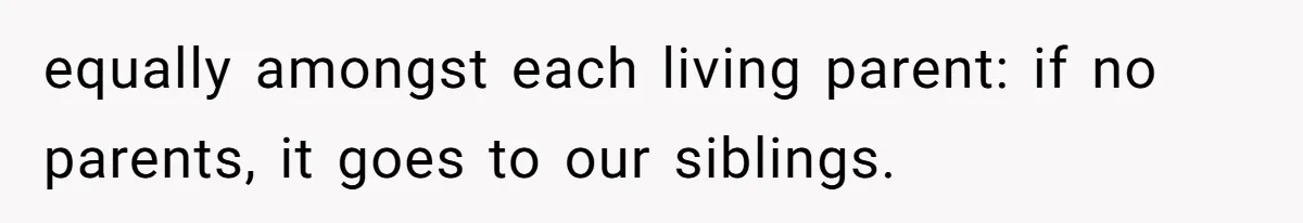 equally amongst each living parent: if no parents, it goes to our siblings.