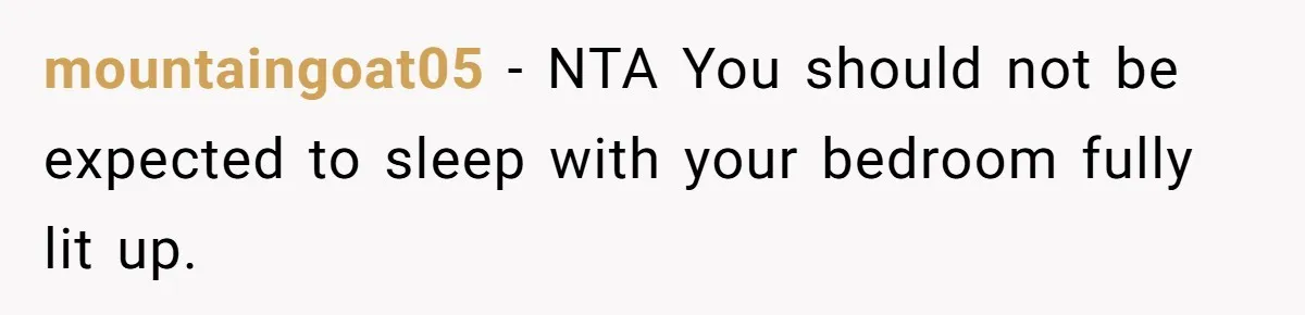mountaingoat05 − NTA You should not be expected to sleep with your bedroom fully lit up.