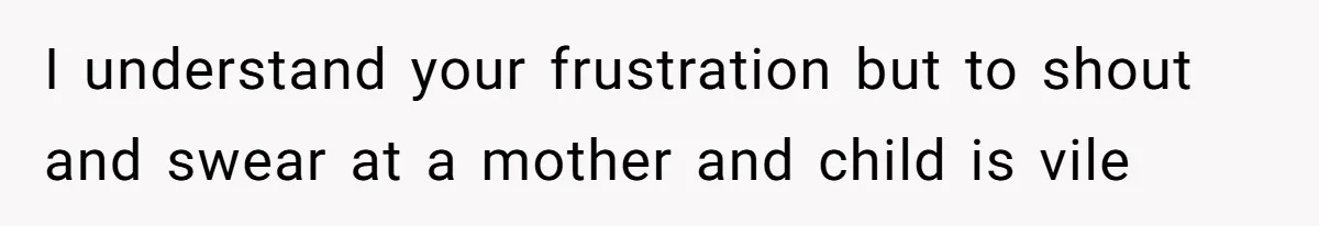 I understand your frustration but to shout and swear at a mother and child is vile