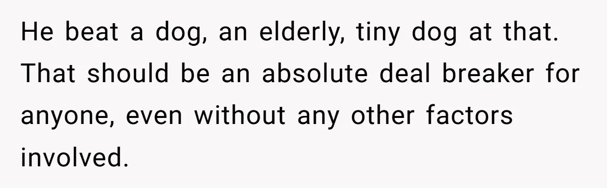 He beat a dog, an elderly, tiny dog at that. That should be an absolute deal breaker for anyone, even without any other factors involved.