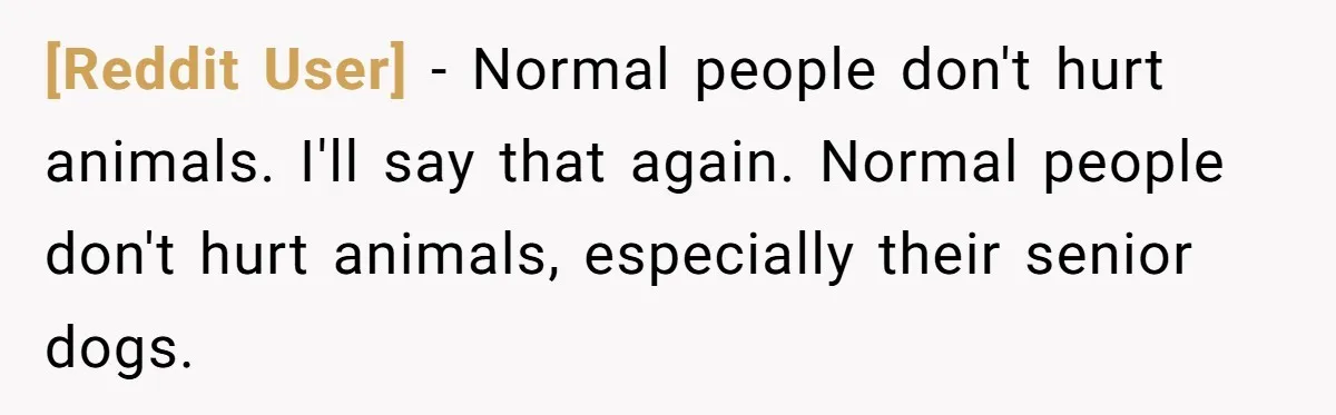 [Reddit User] − Normal people don't hurt animals. I'll say that again. Normal people don't hurt animals, especially their senior dogs.