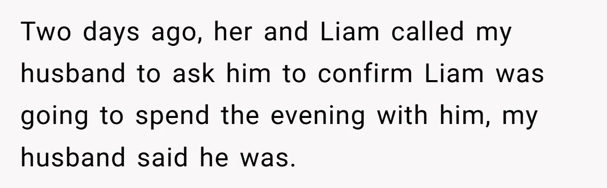 Two days ago, her and Liam called my husband to ask him to confirm Liam was going to spend the evening with him, my husband said he was.