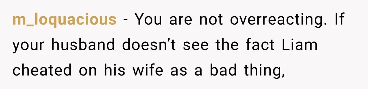 m_loquacious − You are not overreacting. If your husband doesn’t see the fact Liam cheated on his wife as a bad thing,