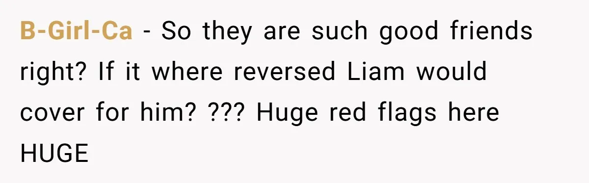 B-Girl-Ca − So they are such good friends right? If it where reversed Liam would cover for him? ??? Huge red flags here HUGE