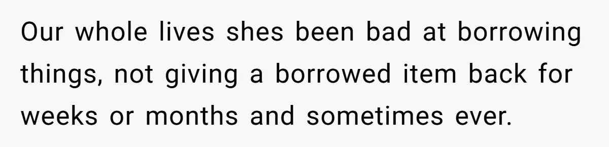 Our whole lives shes been bad at borrowing things, not giving a borrowed item back for weeks or months and sometimes ever.