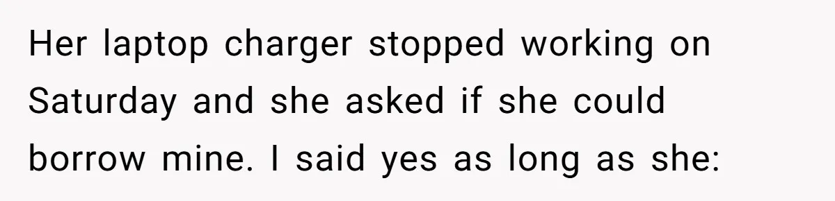 Her laptop charger stopped working on Saturday and she asked if she could borrow mine. I said yes as long as she:
