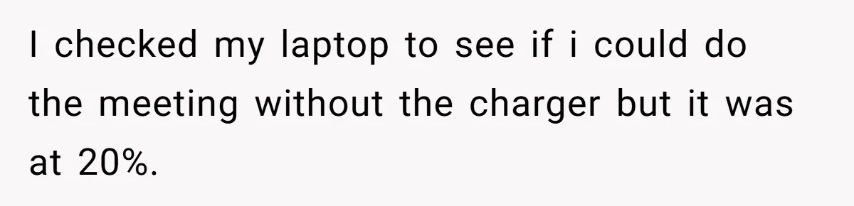 I checked my laptop to see if i could do the meeting without the charger but it was at 20%.