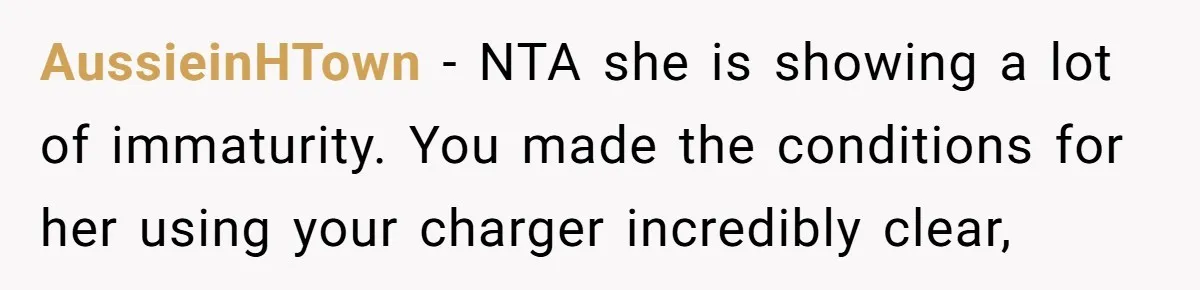 AussieinHTown − NTA she is showing a lot of immaturity. You made the conditions for her using your charger incredibly clear,