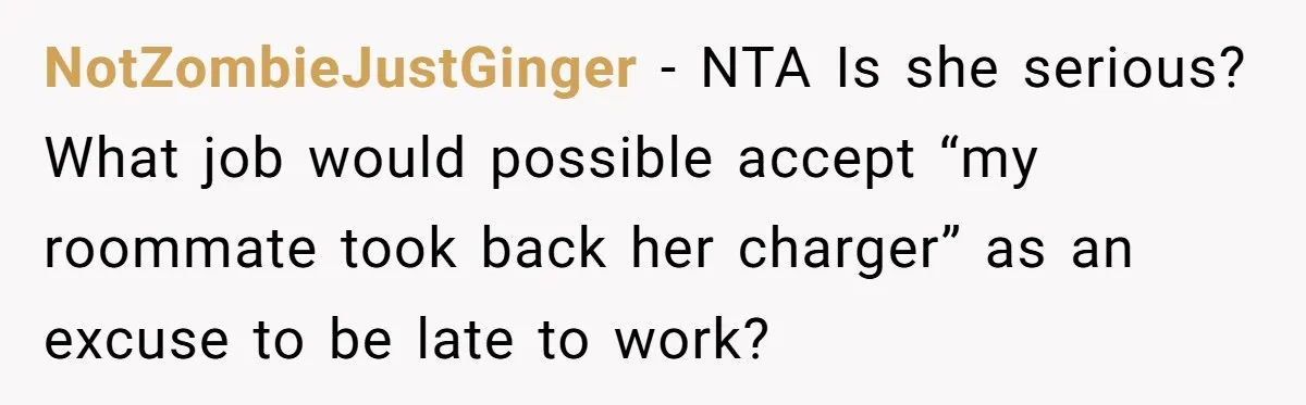 NotZombieJustGinger − NTA Is she serious? What job would possible accept “my roommate took back her charger” as an excuse to be late to work?