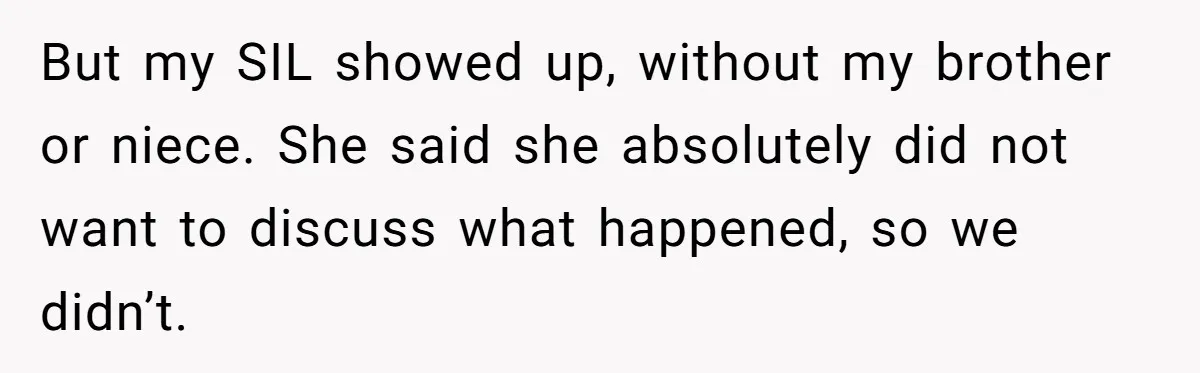 But my SIL showed up, without my brother or niece. She said she absolutely did not want to discuss what happened, so we didn’t.
