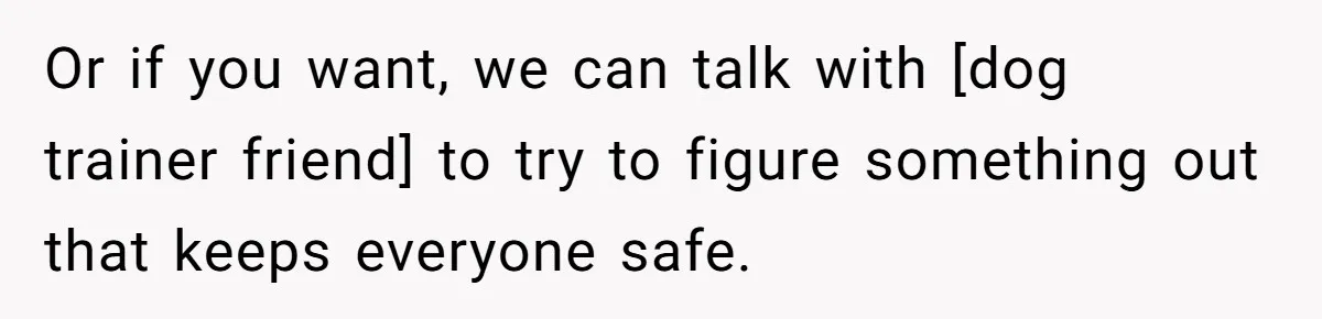 Or if you want, we can talk with [dog trainer friend] to try to figure something out that keeps everyone safe.