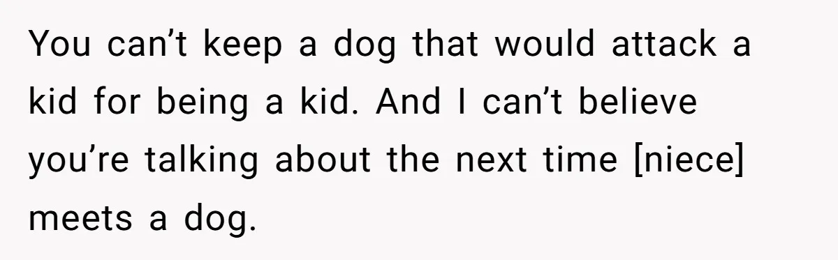 You can’t keep a dog that would attack a kid for being a kid. And I can’t believe you’re talking about the next time [niece] meets a dog.