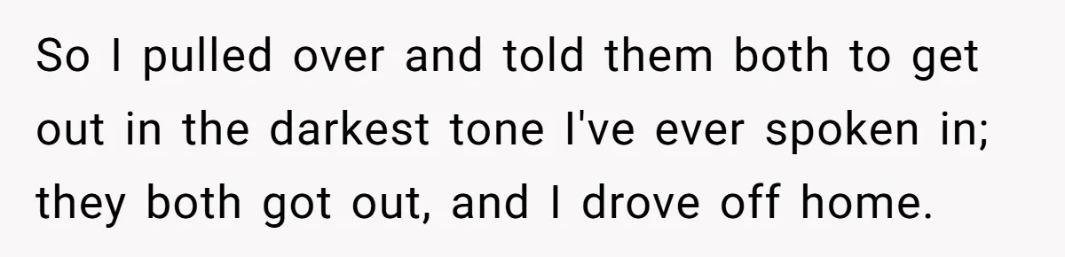 So I pulled over and told them both to get out in the darkest tone I've ever spoken in; they both got out, and I drove off home.