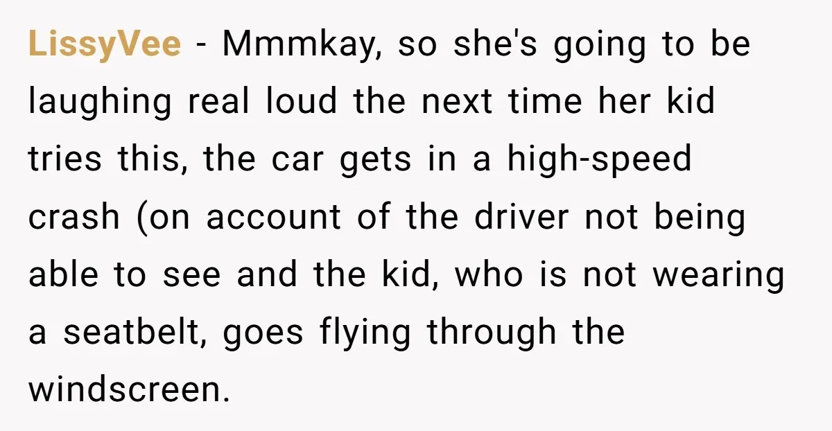 LissyVee − Mmmkay, so she's going to be laughing real loud the next time her kid tries this, the car gets in a high-speed crash (on account of the driver...