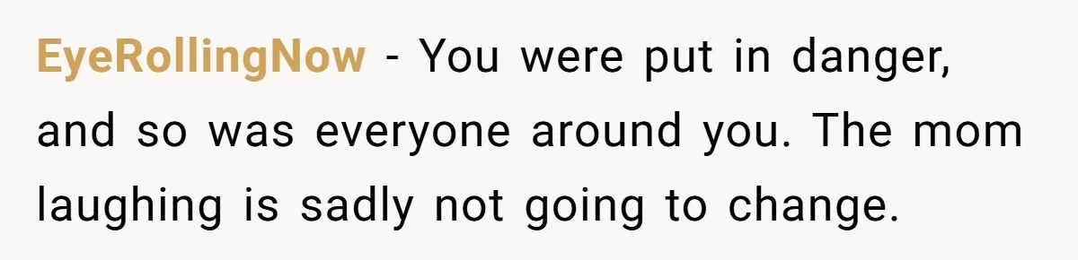 EyeRollingNow − You were put in danger, and so was everyone around you. The mom laughing is sadly not going to change.