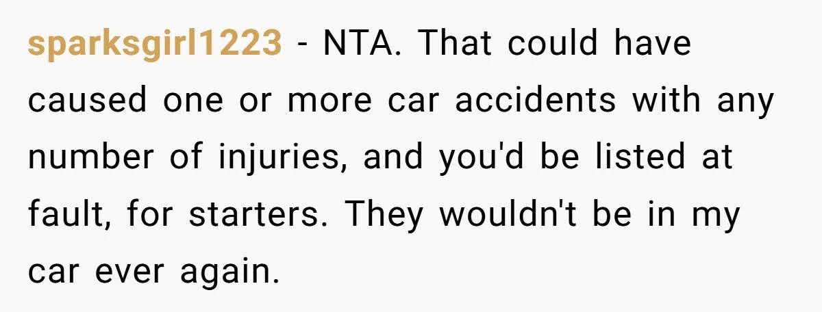 sparksgirl1223 − NTA. That could have caused one or more car accidents with any number of injuries, and you'd be listed at fault, for starters. They wouldn't be in my...