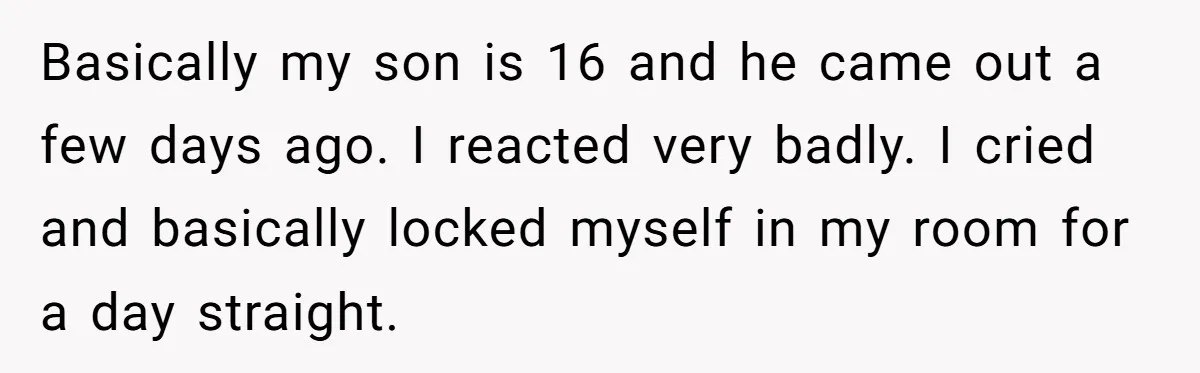 Basically my son is 16 and he came out a few days ago. I reacted very badly. I cried and basically locked myself in my room for a day straight.