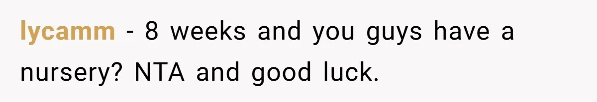 lycamm − 8 weeks and you guys have a nursery? NTA and good luck.