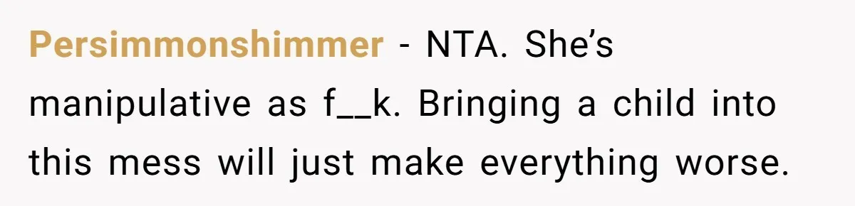 Persimmonshimmer − NTA. She’s manipulative as f__k. Bringing a child into this mess will just make everything worse.
