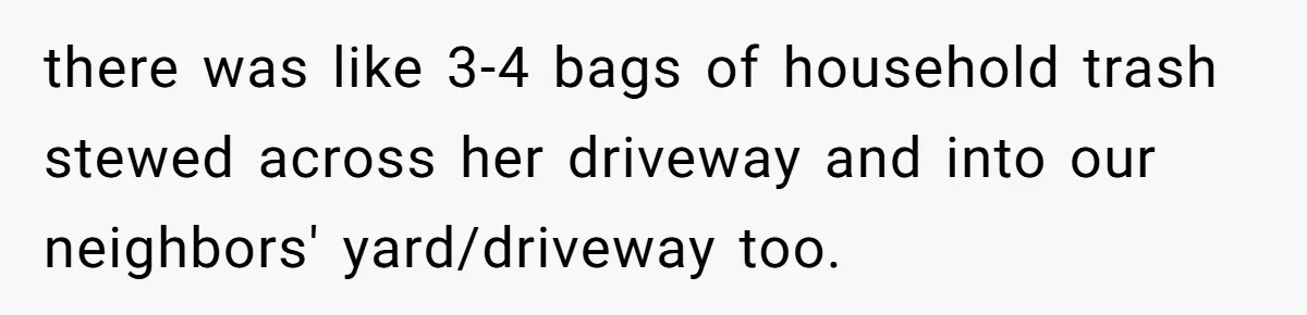 there was like 3-4 bags of household trash stewed across her driveway and into our neighbors' yard/driveway too.