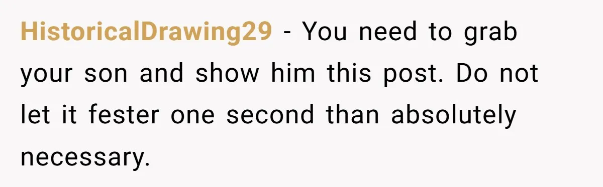 HistoricalDrawing29 − You need to grab your son and show him this post. Do not let it fester one second than absolutely necessary.