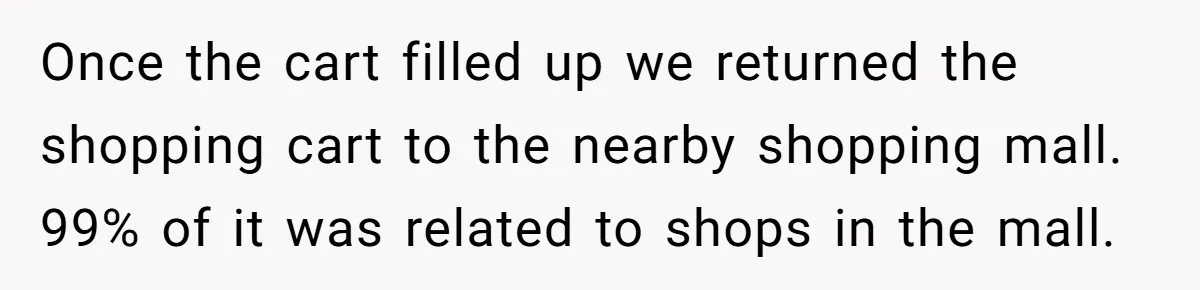 Once the cart filled up we returned the shopping cart to the nearby shopping mall. 99% of it was related to shops in the mall.