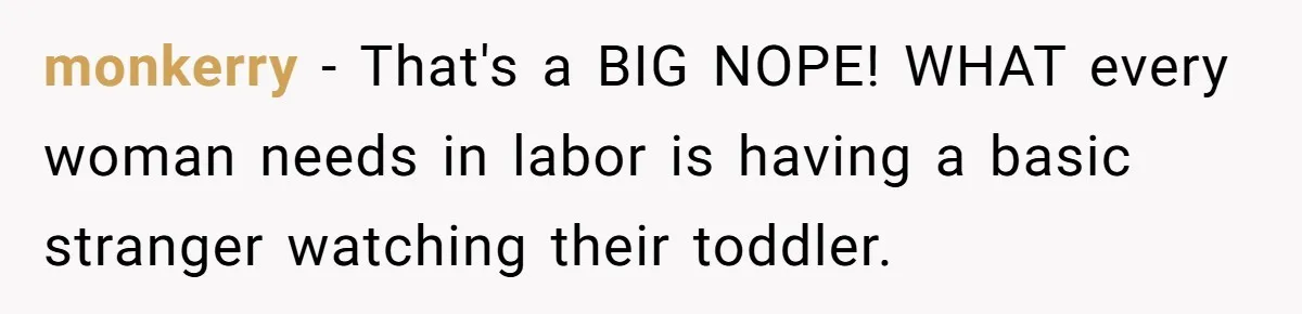 monkerry − That's a BIG NOPE! WHAT every woman needs in labor is having a basic stranger watching their toddler.