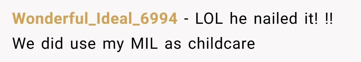 Wonderful_Ideal_6994 − LOL he nailed it! !! We did use my MIL as childcare